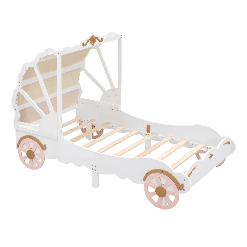 Twin Size Princess Carriage Bed with Canopy and 3D Carving Pattern