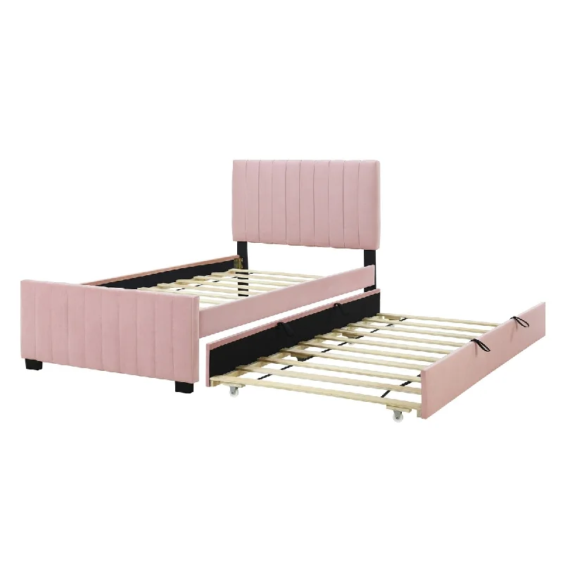 Twin Size Upholstered Platform Bed with 2 Drawers and Twin Size Trundle, Velvet Fabric Platform Bed with Tufted Headboard, Pink