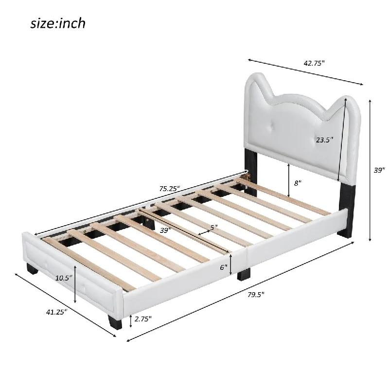 Twin Upholstered Platform Bed with Carton Ears Shaped Headboard, White