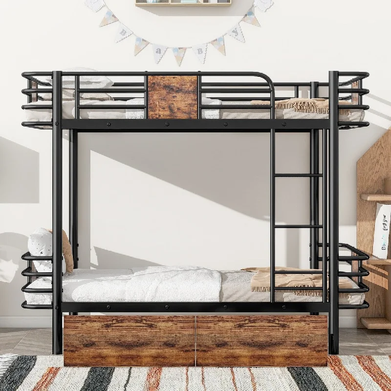 Twin XL Over Twin XL Metal Bunk Bed w/ Guardrail and 2 Storage Drawers