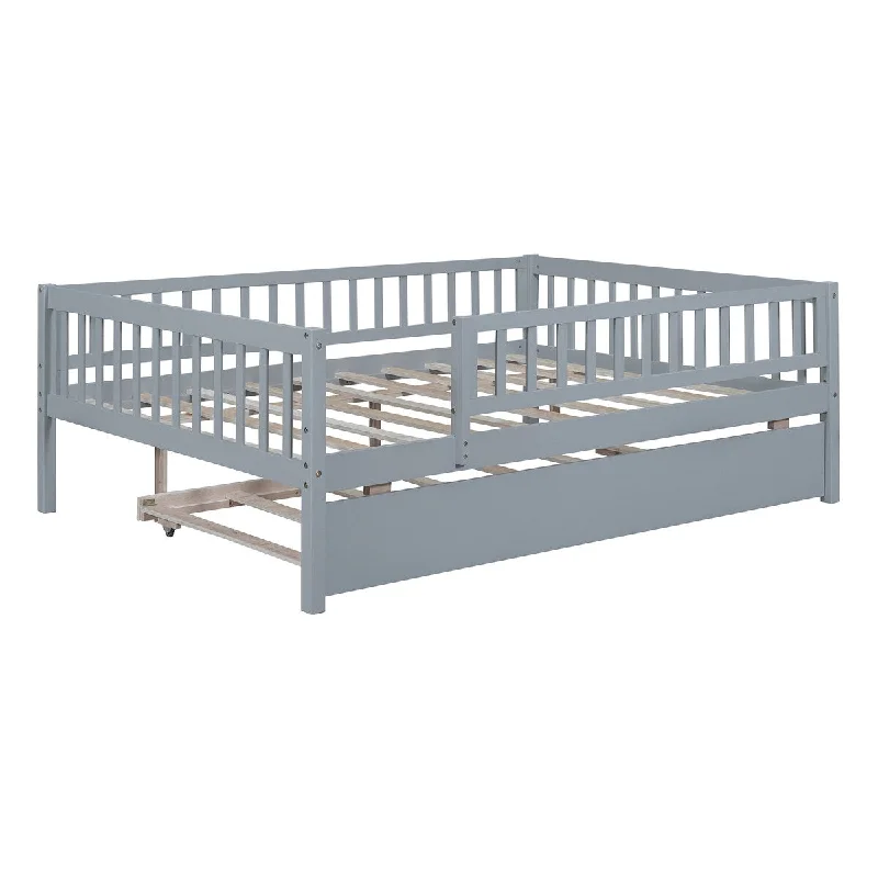 Versatile Wood Daybed with Trundle and Fence Guardrails, Gray