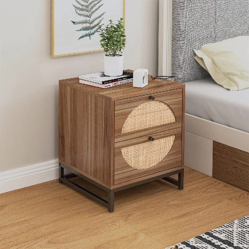 Walnut Nightstand with 2 Drawer,Side Table for Small Spaces,End Table Natural Rattan Bedside Table,Industrial Accent Furniture