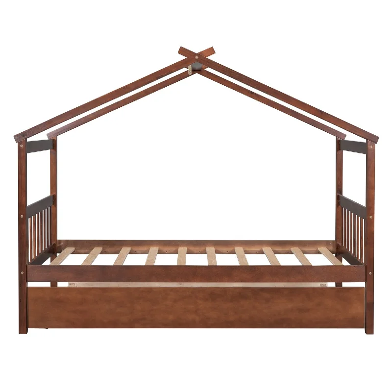 Walnut Twin Size Wooden House Bed with Twin Trundle with Roof for Kids