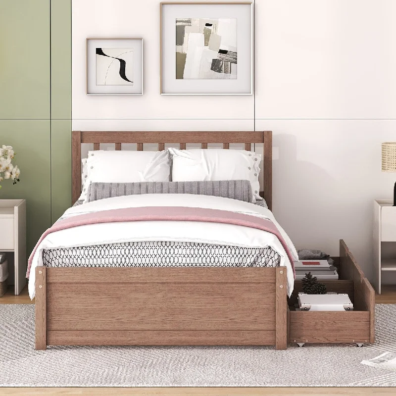 Walnut Twin Storage Bed with 2 Drawers&Slat Support , Wood Platform Bed with Storage and Headboard, No Box Spring Needed