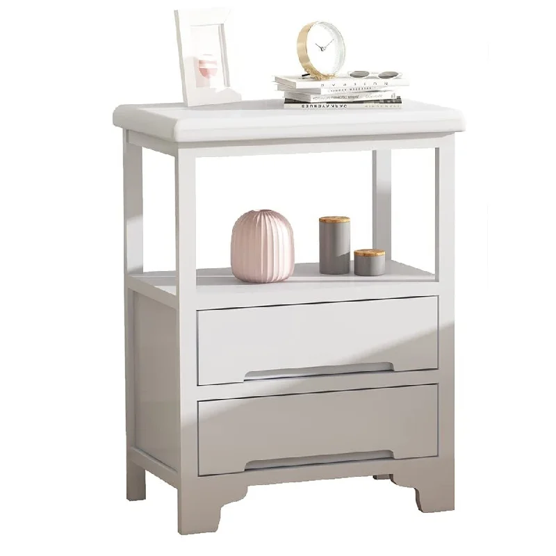 White End Table Fully Assembled Nightstand with 2 Drawers - Solid Wood Side Table No Assembly for Livingroom, Bedroom