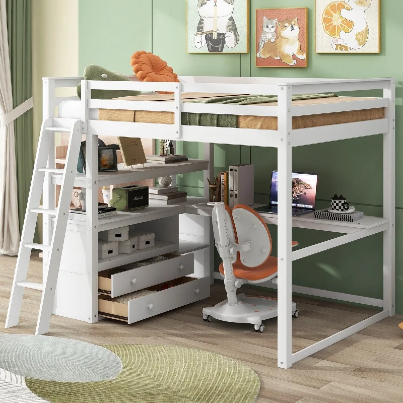 White Full Loft Bed with Desk, Shelves and 2 Drawers, Wood Bed Frame