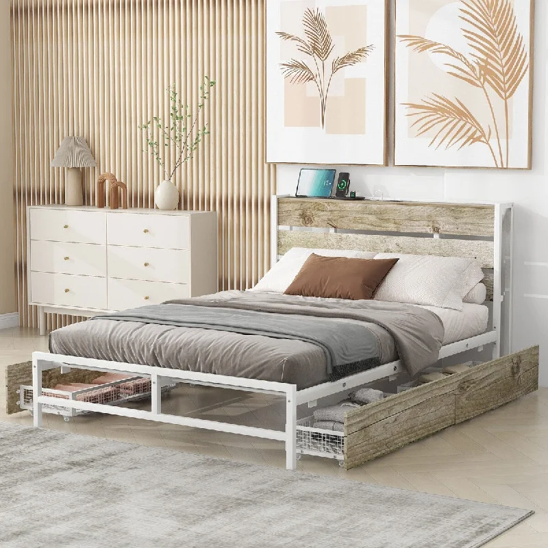 White Full Platform Bed with 4 Storage Drawers, Sockets and USB Ports