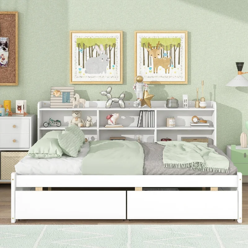 White Full Platform Storage Bed Daybed with Side Bookcase and Drawers