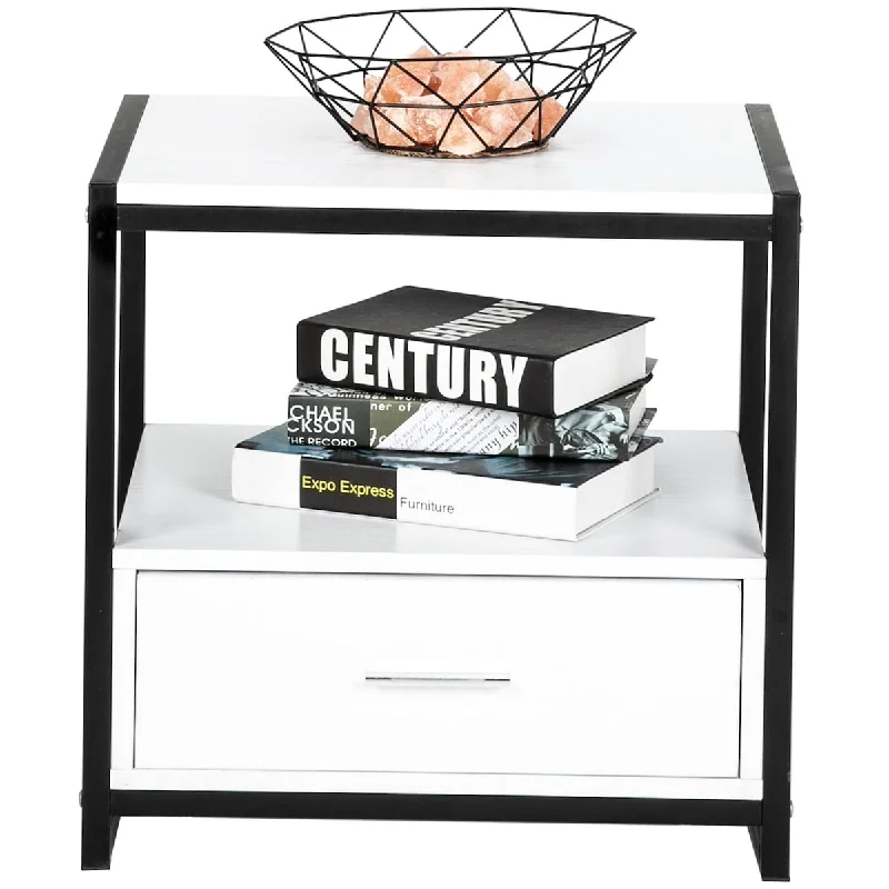 White Nightstand with Bottom Drawer and Storage Shelf, One Drawer Night Stands Modern Bedside Tables,