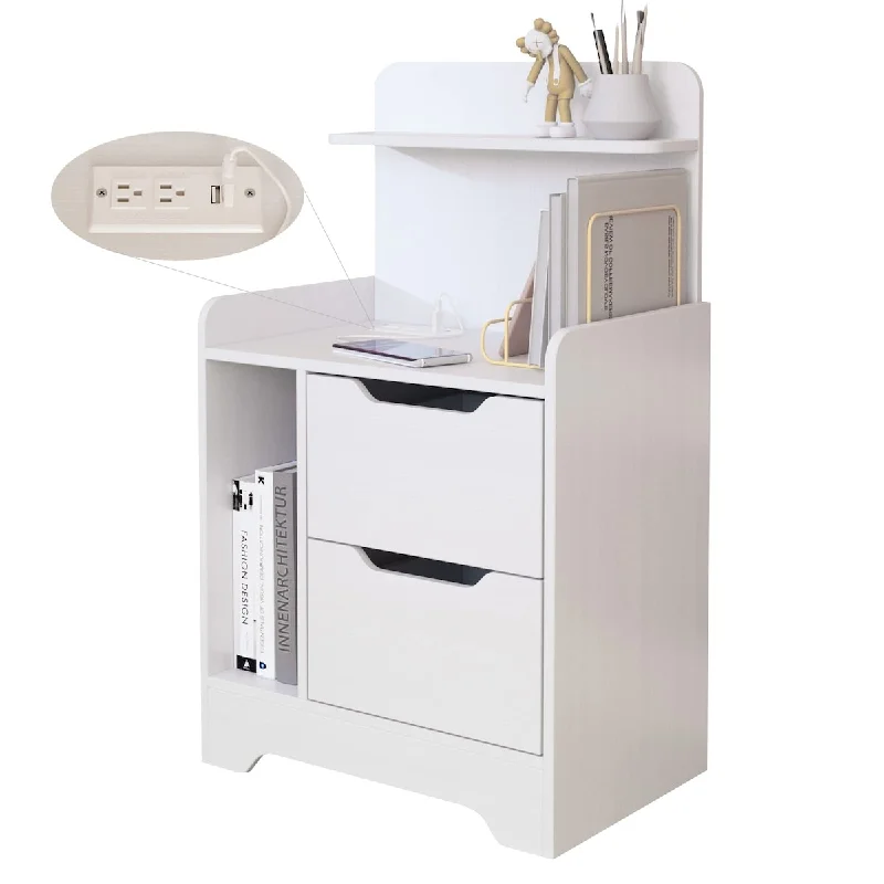 White Nightstand with Charging Station USB Port, Night Stand with Drawers Open Storage and Shelf, Bedside Table