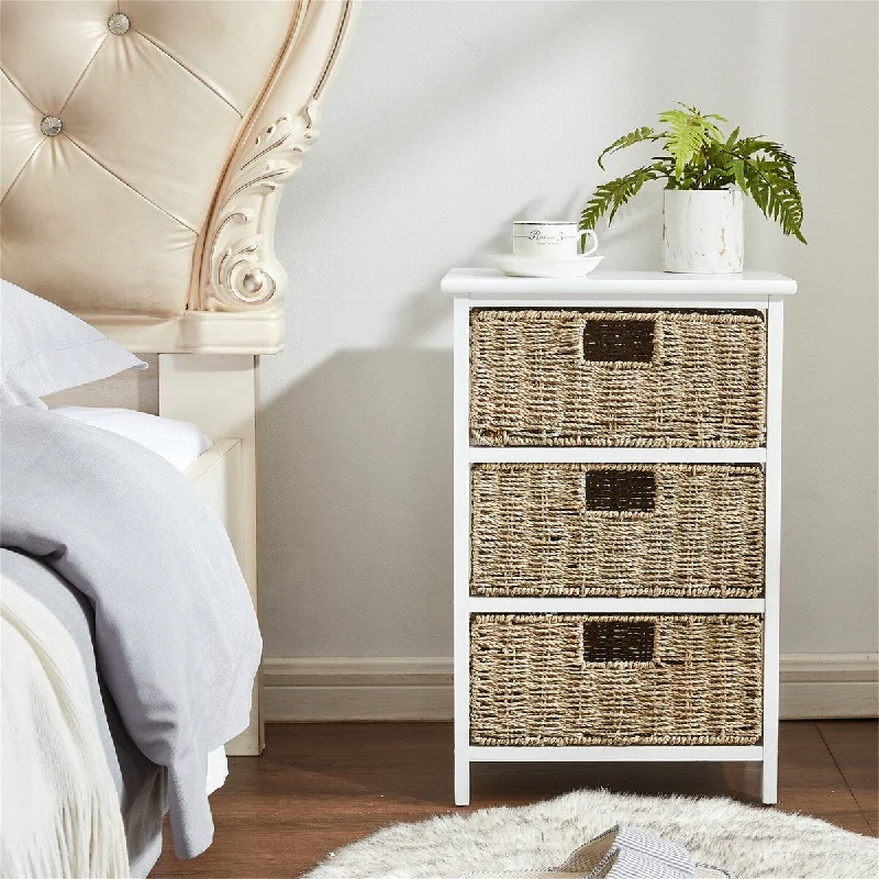 White Nightstand with Drawers Bedside Table Storage Tower Wood Top Bin