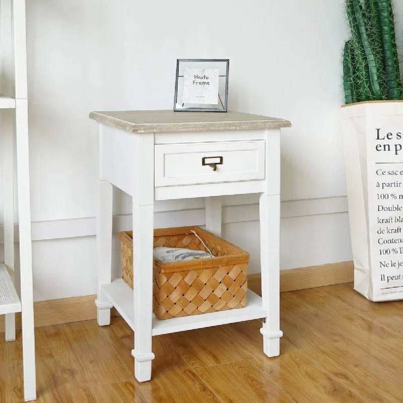 White Side Table with Drawer and Storage Shelf Wood End Table Nightstand for Living Room Bedroom