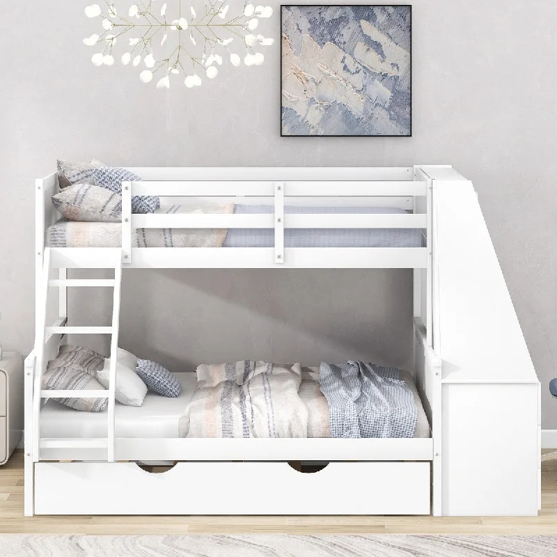 White Twin Over Full Bunk Bed with Trundle and Ladder, Built-in Desk