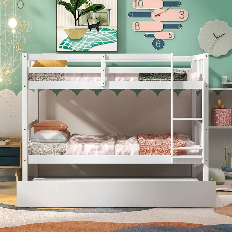 White Twin Over Twin Wood Bunk Bed for Kids w/ Trundle and Guard Rails