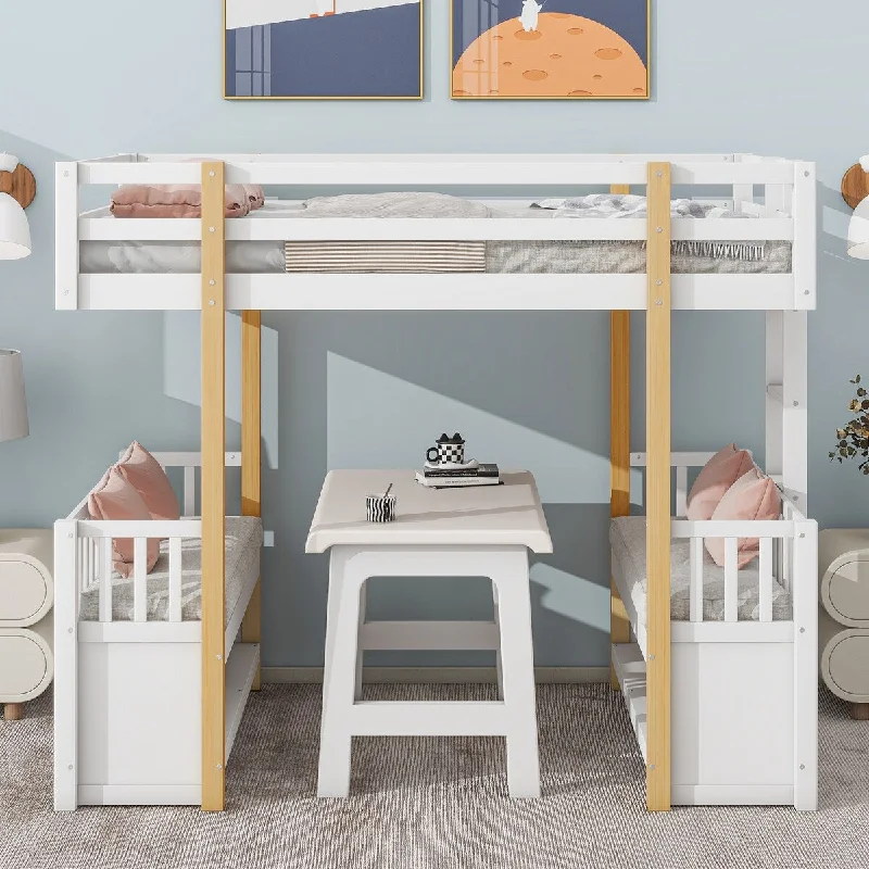 Wood Bunk Platform Bed with Storage Underneath, Twin Loft Bed with Seat and Desk, Can be Turn into Upper Bed and Down 2 Seats