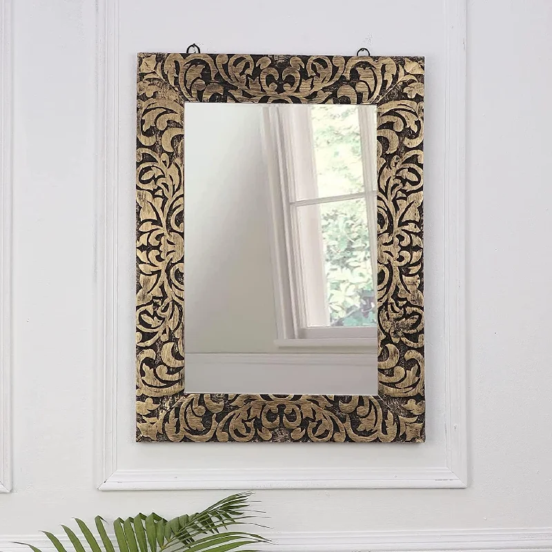 Wood Handcrafted Wall Mirror for Bedroom, Home Decor, Living Room, Bathroom, 59 X 43 2.5 Cm (Gold)