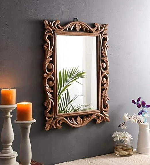 Wood Handcrafted Wall Mirror for Bedroom Home Decor Living Room Bathroom, 60 X 45 1.9 cm (Brown) Rectangular, Framed