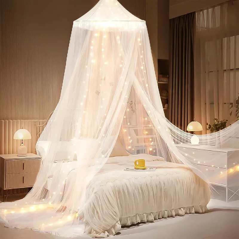 YEERSWAG Elegant Princess Bed Canopy Bed Curtain Nets with Luminous Stars Lights