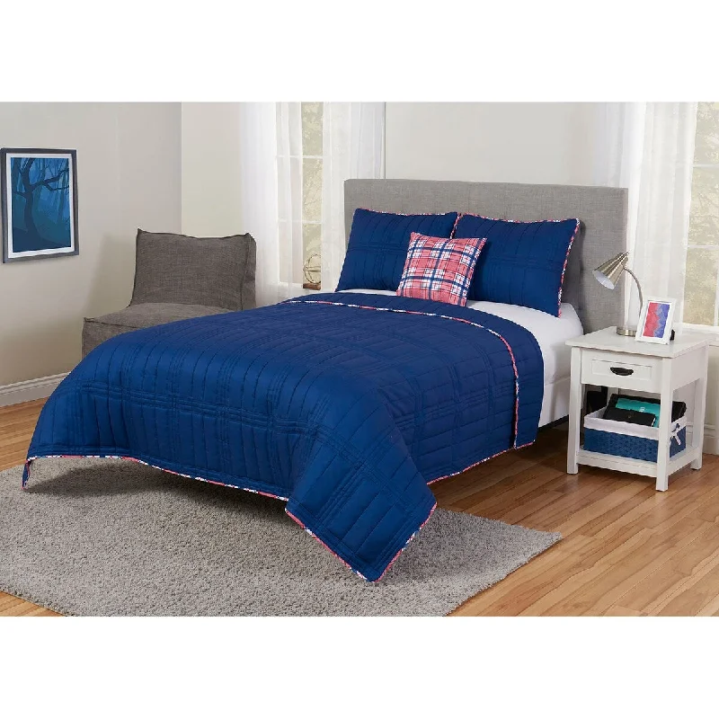 Plaid Piping King Quilt Set in Blue