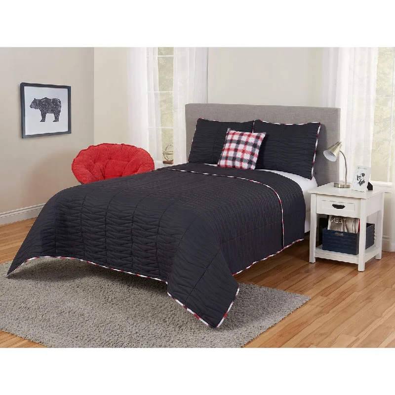 Plaid Piping King Quilt Set in Grey