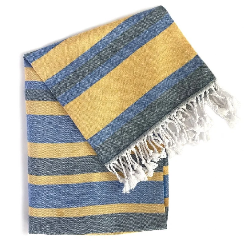 Striped Turkish Towel Beach Blanket - Denim Blue / Yellow